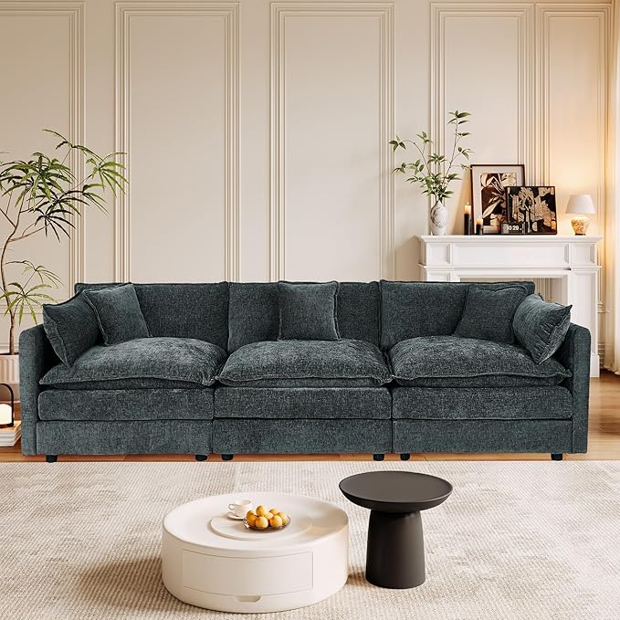 Aoowow Modular Sectional Sofa,112.2 Inch Deep 3-Seater Sofas Comfy Chenille Cloud Sofas and Couches with Pillows for Living Room Apartment（Grey）