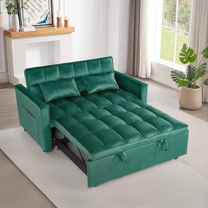 3 in 1 Convertible Sleeper Sofa Bed, Futon Couches for Living Room with Side Pocket | Adjustable Backrest| Velvet Fabric | Pull Out Couch | Love seat Sofa|2-seat Sofa Bed (Green)