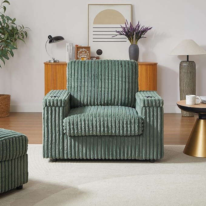 Eafurn 42.5" Oversized Accent Chair with Storage Ottoman Convertible Chaise Lounge, Corduroy Cloud Sofa Chair w/Cupholders, Modern Extra Wide Armchair