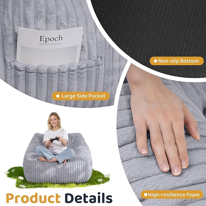HABUTWAY Bean Bag Chair, Giant Bean Bag Chairs for Adults and Kids, Bean Bag Sofa, Lazy Floor Sofa, Faux Fur Beanbag Chair with Armrests for Living Room Bedroom (Grey)