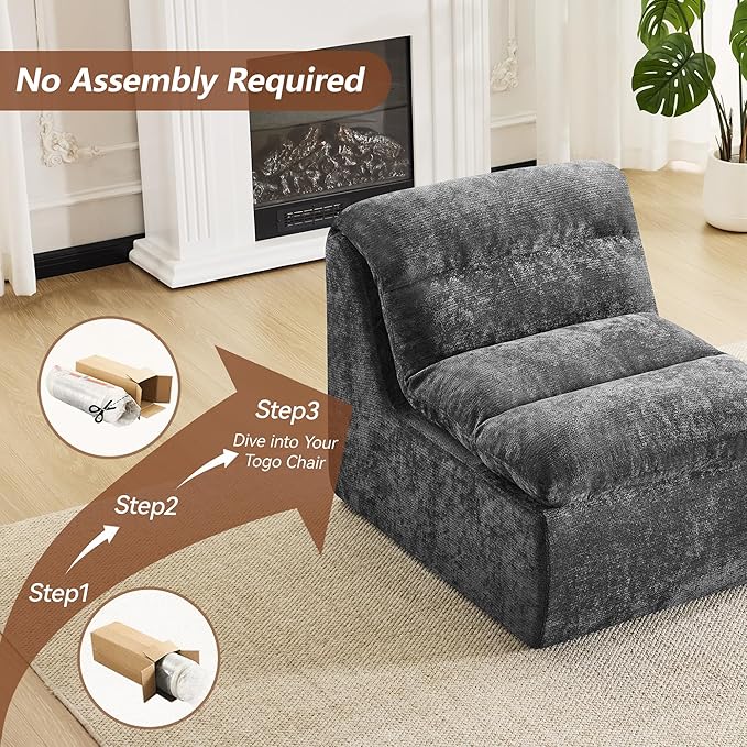 WUTUTUEE Boneless Chair, Double-Layer Armless Floor Sofa with High Density Memory Foam, No Assembly Togo Sofa, Chenille Bean Bag Chairs for Living Room, Bedroom, Comfy Cloud Chair (Grey)