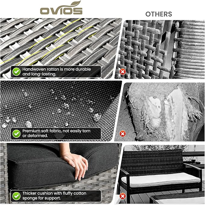 ovios 7 Pieces Patio Furniture Set, Outdoor Wicker Sofa Couch with Rocking Swivel Chairs Fire Pit Table, Modern Deep Seat Rattan Conversation Sets for Deck Porch, Black