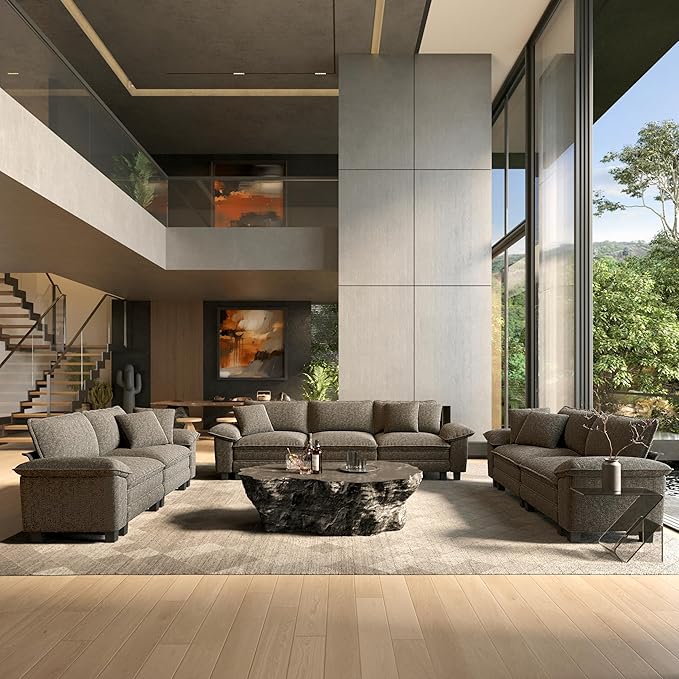 HERA'S HOUSE 2 Pieces Modular Sectional Sofa Sets, Oversized Couch Set with Loveseat and Armchair, Comfy Cloud Couches with Throw Pillows, 3-Seater Deep Seat Sofa for Living Room, Chenille Ash