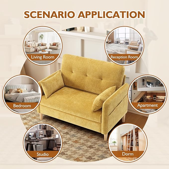 47" Small Sofa Couch for Bedroom, Soft Chenille loveseat Mini Couch with Throw Pillow and Removable Cushion Cover for Small Spaces, Living Room, Apartment, Dorm, Office(Yellow)