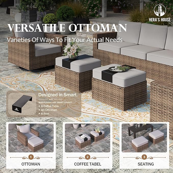 HERA'S HOUSE Swivel Glider Patio Furiture Set with 4.92" Wide Armrests, Outdoor Wicker Conversation with 5.5" Waterproof Cushions, 6 Pieces Outside Sofa Set for Deck Lawn, Grey