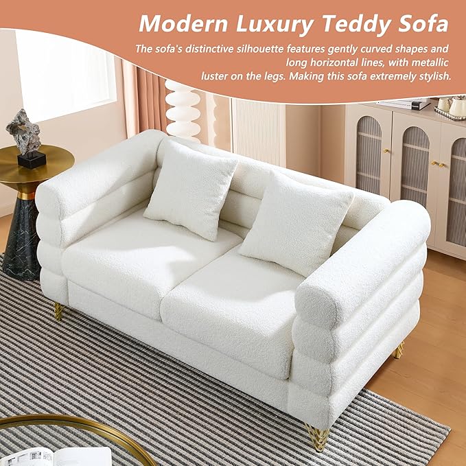mikibama Luxury Teddy Sofa Set for Living Room, Modern Decor Furniture Sectional Sofa, 3 Seater Couch and Loveseat with 5 Pillows for Apartment, Office, Hall (White)