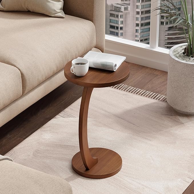 COZAYH C Shaped Round End Table for Couch Small Place, Space Saver Side Table for Sofa, Living Room, Bedside Area, Coffee and Eating Snack Tray, Walnut Color