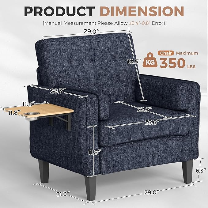 Chenille Accent Chair, Mid Century Modern Arm Chair with Foldable Wooden Side Table & Cup Holder - Comfy Reading Chair for Bedroom,Living Room Chairs,Single Sofa Chair,Navy Blue