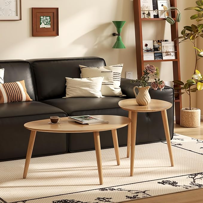 Wayshome Small Oval Coffee Table, Mid Century Modern Coffee Table for Living Room, 100% Solid Oak Wood Side Table End Tables for Home (Original Wood Color, 25.59''x17.51''x19.68'')