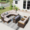 Sophia & William Half Moon Patio Furniture Set with Fire Pit Table & Swivel Chairs, 10 Piece Curved Outdoor Sectional Sofa Modular Wicker Patio Conversation Couch Set for Deck Backyard Lawn, Beige