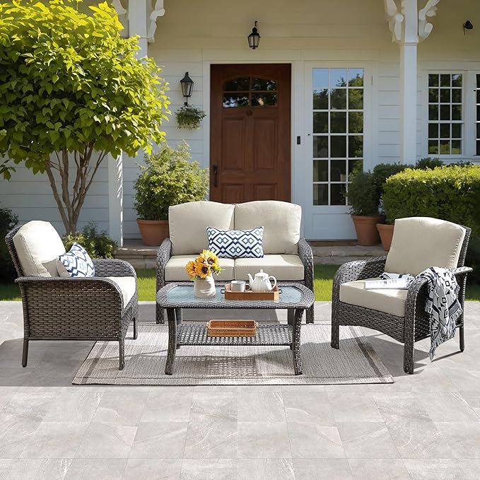 ovios 4 Pieces Patio Furniture Set, Outdoor Wicker Sofa with Coffee Table, Chairs, All Weather High Back Rattan Loveseat Couch with Comfy Cushions, Beige