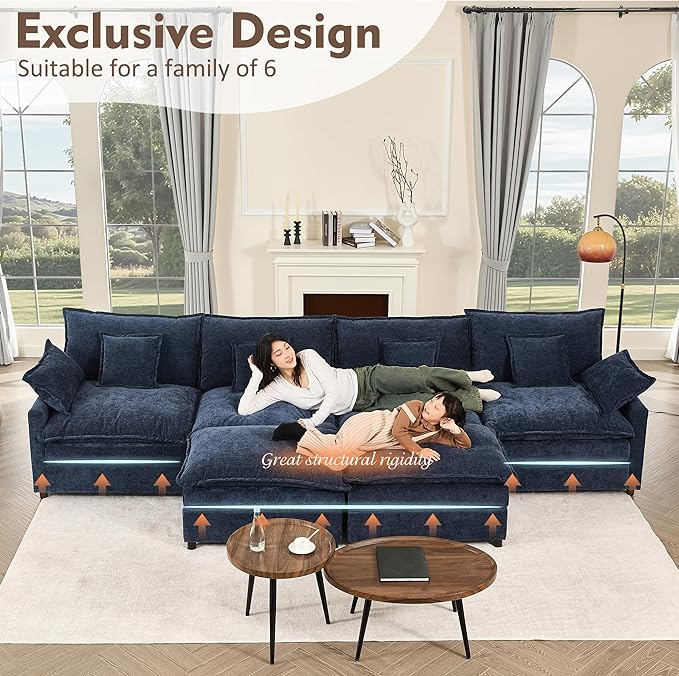 GOSUHI 142.5" U Shaped Couch, Modular Sectional Sofa, 3-Seater Comfy Cloud Couch with Movable Ottoman, Deep Seat Couches for Living Room, Chenille, Navy
