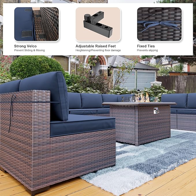 Kullavik 15PCS Outdoor Patio Furniture Set with 43" 55000BTU Gas Propane Fire Pit Table PE Wicker Rattan Sectional Sofa Patio Conversation Sets w/8 Coner Sofas,Dark Blue