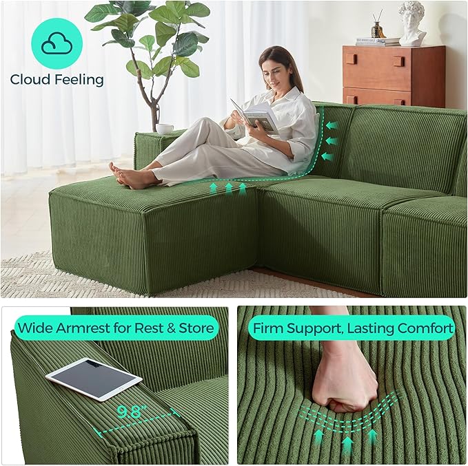 LINSY HOME Modular Sectional Sofa, 105" Boneless Couch U Shaped 3-Seat Sofa with 2 Ottomans, Corduroy Sectional Cloud Couches for Living Room, No Assembly Required, Green