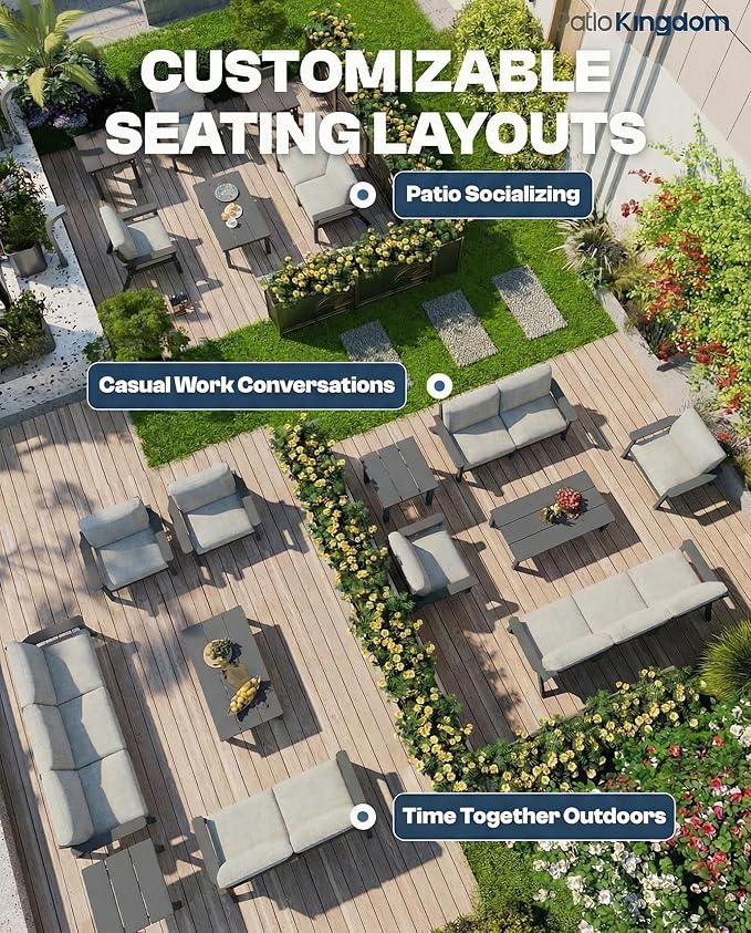 Patio Kingdom HDPE 7 Piece Patio Furniture Set, HDPE Outdoor Sectional with with Gray Thick Cushions, Coffee Table and Side Table, Patio Conversation Sets for Lawn, Garden, Porch (Gray Frame)
