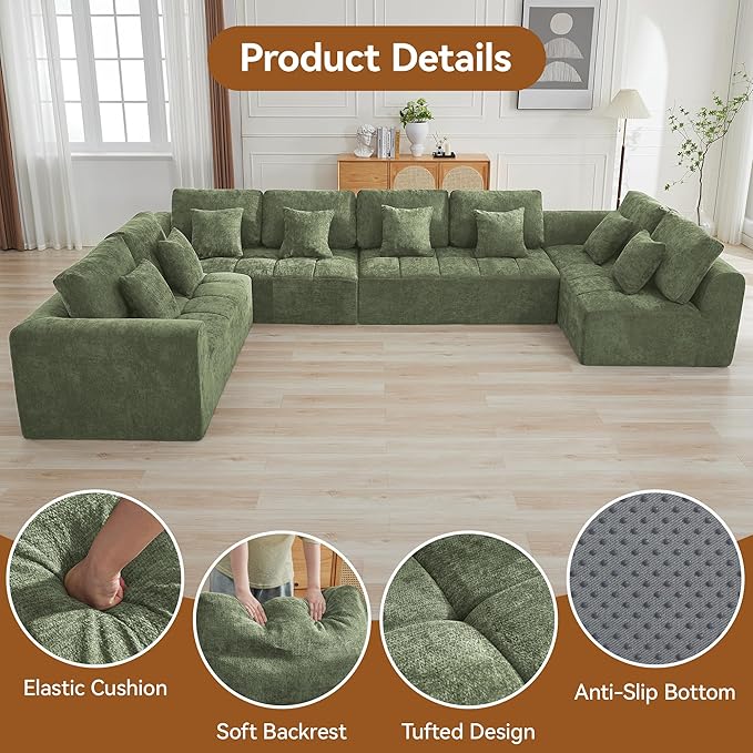 170''Modular Sectional Couches for Living Room, Cloud Boneless Compressed Sectional Sofa, Oversized U Shaped 8 Seater Upholstered Memory Foam Sofa, No Assembly, Chenille Green