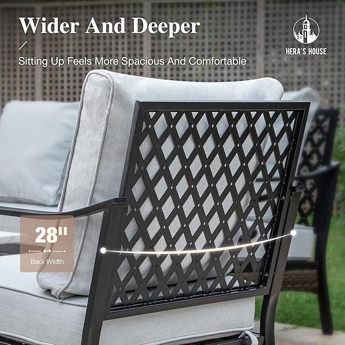 HERA'S HOUSE 4 Piece Metal Patio Furniture Set, 2 x Rocking Cushioned Chair, 2-Seat Lover Sofa with Coffee Table, All Weather Outdoor Conversation Set for Lawn Garden Backyard Deck, Light Grey