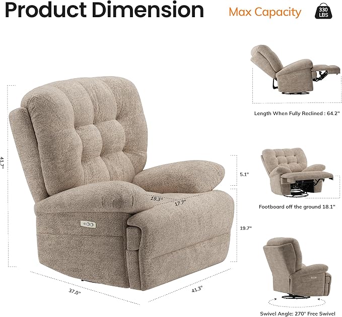 COLAMY Floren Power Swivel Recliner Chair with USB & Type-c Charge,Oversized and Padded Upholstered Deep Seat and Armrest，Rocking Recliner with Double Storage Pockets,Coffee