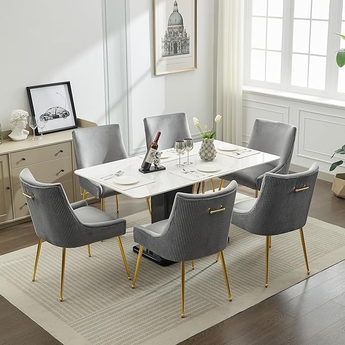 WUTUTUEE Velvet Dining Chairs Set of 4 Gold Legs,Upholstered Velvet Accent Chairs, Pleated Back Design & Gold Pull Handle, Mid Century Modern Chairs for Dining/Kitchen/Living Room,Light Grey