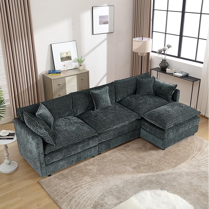 Aoowow Modular Sectional Sofa Modern Convertible L Shaped Couch,112.2 Inch Deep 3-Seater Sofas Set Comfy Chenille Cloud Sofas and Couches with Movable Ottoman for Living Room Apartment（Grey）