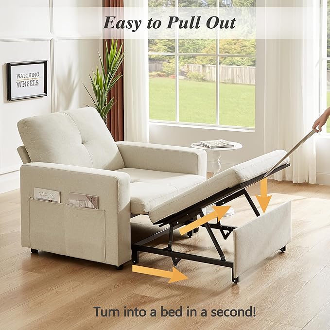 WEUP 42.5" Sleeper Chair Bed, 3-in-1 Oversized Convertible Sleeper Sofa Chair with Pull Out Bed, Reclining Adjustable Backrest/Side Pockets, Tool-Free Assembly, Basic Beige