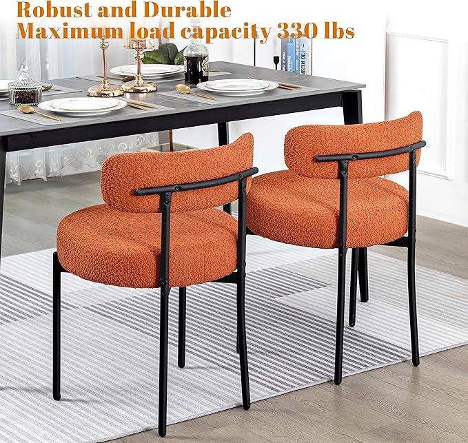 DYHOME Mid-Century Modern Dining Chairs Set of 2, Boucle Dining Chairs Upholstered with Black Metal Legs, Curved Backrest Kitchen Dining Room Chairs, Orange