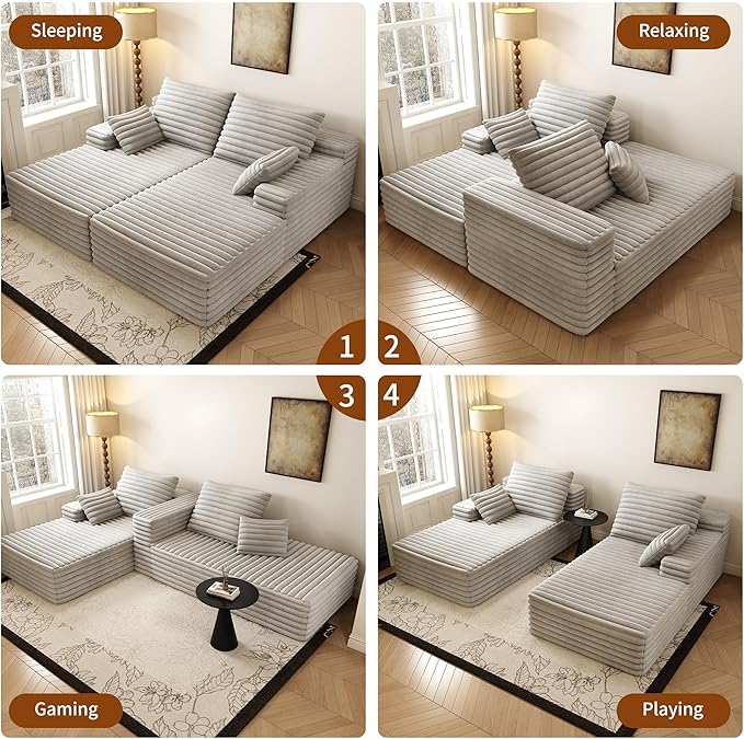 80” Oversized Double Lounge Chaise,Cloud Plush Sofa Bed,Upholstered Boneless Cloud Sofa Deep Seat,No Assembly Required,Modern Corduroy Sleeper Loveseat Chair for Living Room Bedroom Reading,Grey