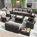 LayinSun 12 Pieces Patio Furniture Set with Fire Pit Table, Black Rattan Modular Sectional Outdoor Conversation Sofa Set, Swivel Rocking Chairs Set