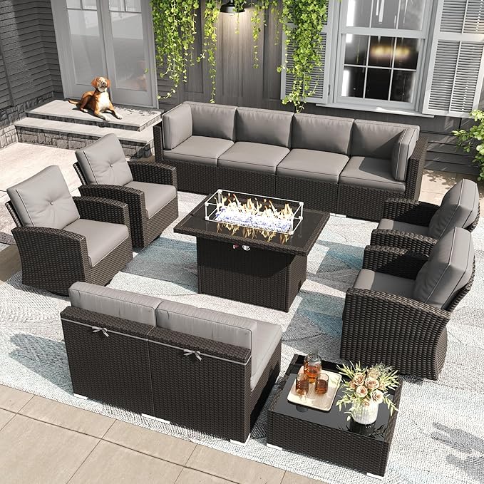 LayinSun 12 Pieces Patio Furniture Set with Fire Pit Table, Black Rattan Modular Sectional Outdoor Conversation Sofa Set, Swivel Rocking Chairs Set