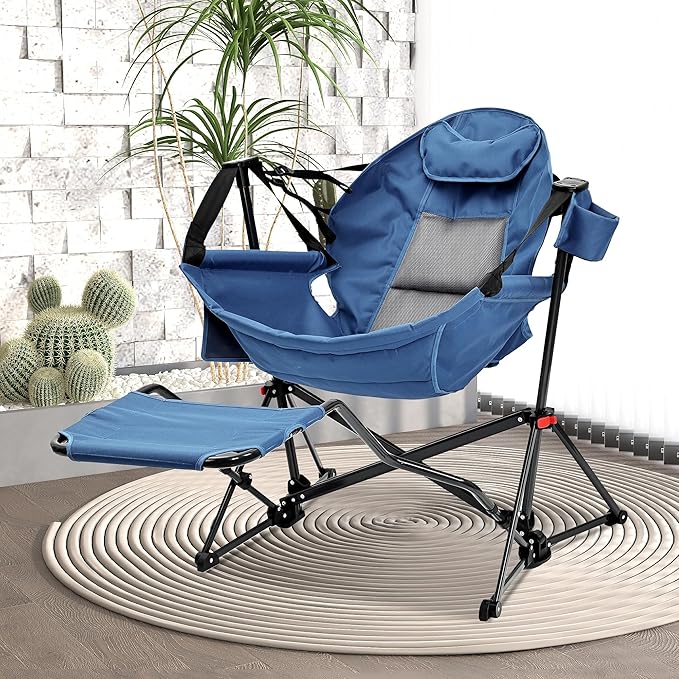 GDY Camping Chairs, Oversized Hammock, Folding Rocking Chairs, Adjustable Back Swing Chairs, Cup Holder, Outdoor Beach Lawn, Blue
