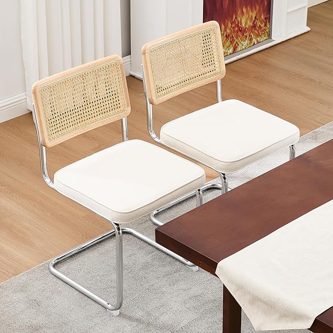 Zesthouse Rattan Dining Chairs Set of 6, Mid Century Modern Dining Room Chairs with Natural Cane Mesh & Chrome Base, White Cesca Chair Linen Fabric, Farmhouse Kitchen Chair with Solid Wood Frame Back