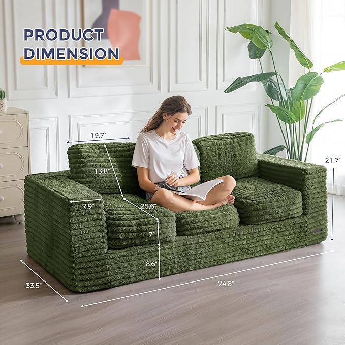 MAXYOYO 3-Seater Boneless Sofa Couch, Modern Faux Fur Sofa for Living Room, Soft Bean Bag Chair High-Density Foam Couch with Pillows, No Assembly Required