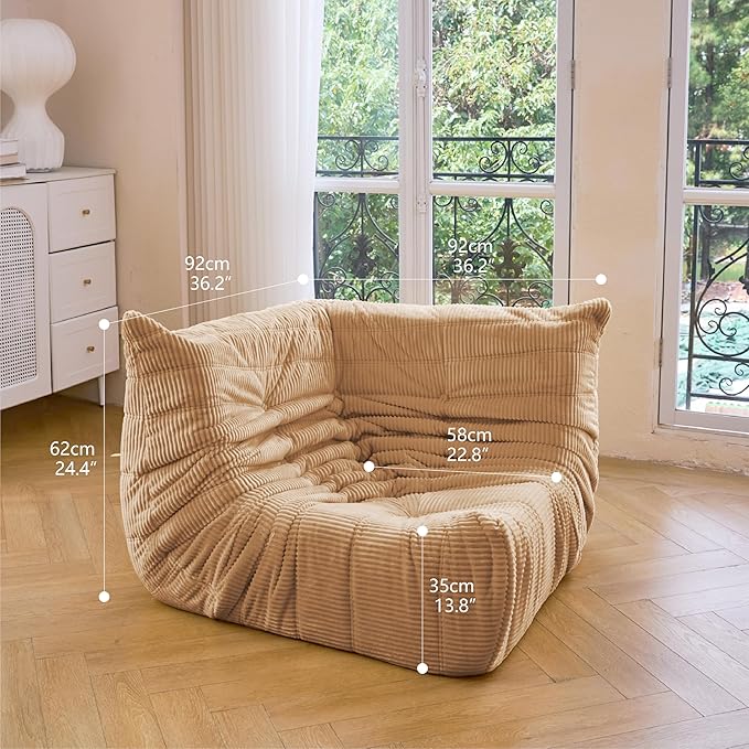 N&V Fireside Corner Chair, Mid Century Armless Floor Sofa, Soft Premium Corduroy Floor Lounge Chair, Foam Sofa Accent Chair for Living Room Bedroom and Office (Beige)