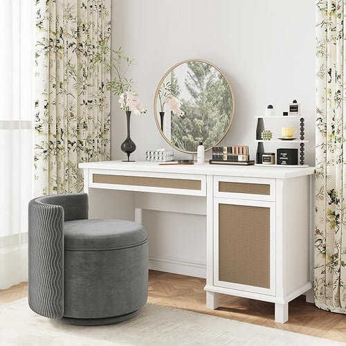 360° Swivel Accent Chair with Storage, Vanity Stool with Back, Velvet Storage Ottoman, Upholstered Round Barrel Vanity Chair for Living Room, Makeup Room, Bedroom (Gray)