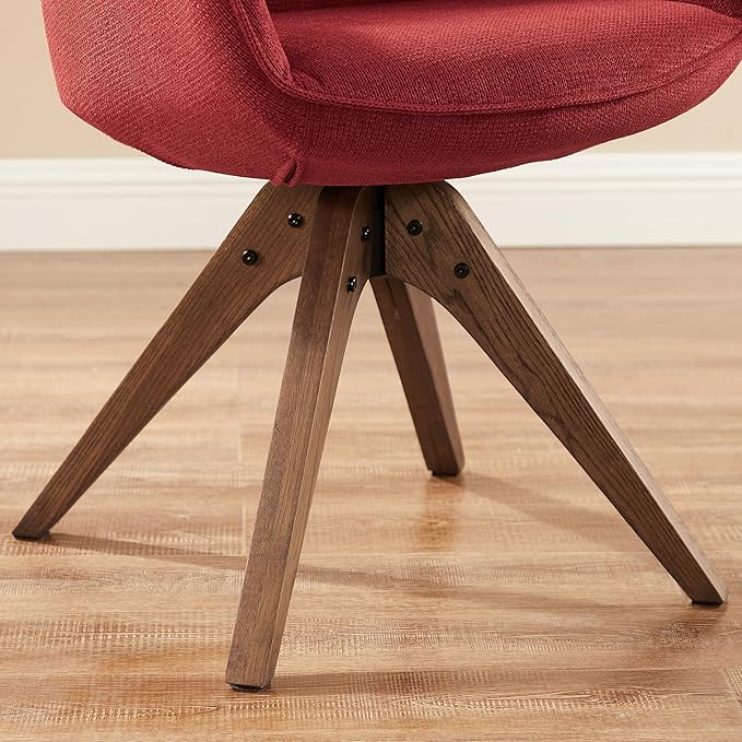 Art Leon Desk Chair No Wheels - Mid Century Modern Office Chair, Swivel Accent Chair with Oak Wood Legs, Fabric Upholstered Arm Chair, Red