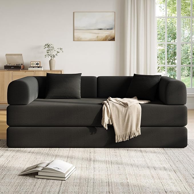 79 Inch 5-in-1 Convertible Sofa Bed, Corduroy Boneless Floor Couch with Fixed Frame & Pillow, Modular Folding Mattress Lounger for Small Space, Living Room, Bedroom - Easy Assembly(Black)