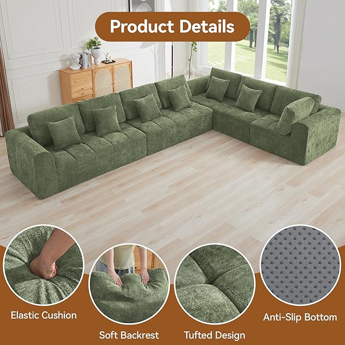 170''Modular Sectional Couches for Living Room, Cloud Boneless Compressed Sectional Sofa, Oversized L Shaped 7 Seater Upholstered Memory Foam Sofa, No Assembly, Chenille Green