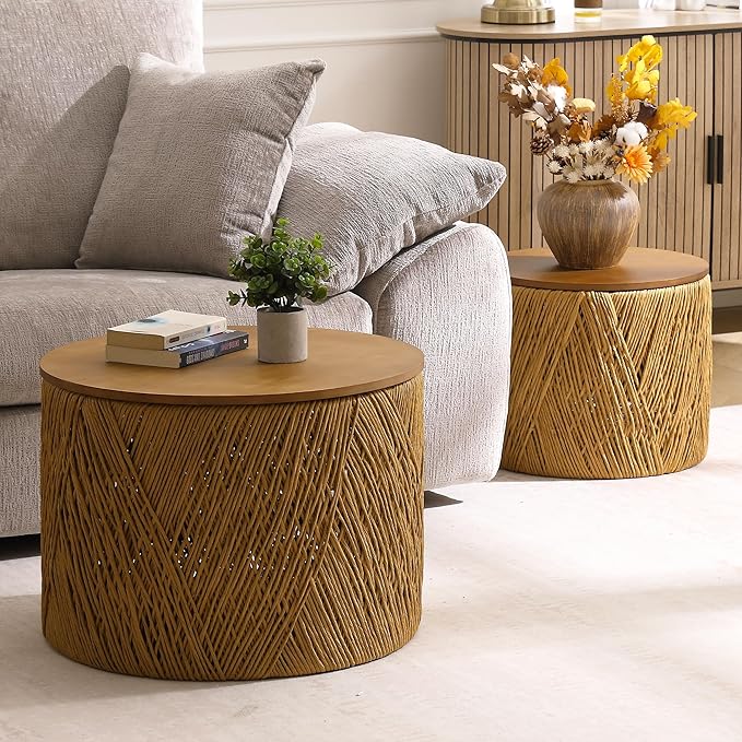 LZAREAL Farmhouse Round Coffee Table with Storage Boho Living Room Table with Lifting Top Hand-Woven Rattan Nesting Coffee Tables for Living Room, Walnut