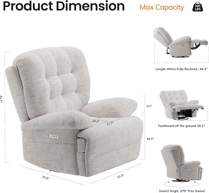 COLAMY Floren Power Swivel Recliner Chair with USB & Type-c Charge,Oversized and Padded Upholstered Deep Seat and Armrest，Rocking Recliner with Double Storage Pockets,Beige