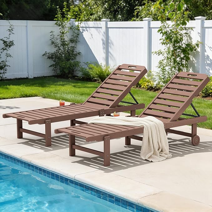SERWALL Patio Chaise Lounge Set of 2, Outdoor Lounge Chair with 5 Positions Adjustable Backrest, HDPE Lounger with Rolling Wheels & Cup Holder for Poolside, Beach, Garden, Brown