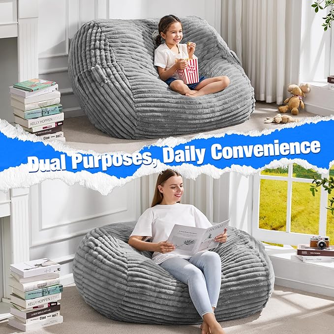 Hobestluk 3FT Bean Bag Chairs Adult Bean Bag with Portable Handle Comfy Large Bean Bag Chair with Removable Cover for Living Room Bedroom or Reading Nook (Stripe Grey, 3FT)