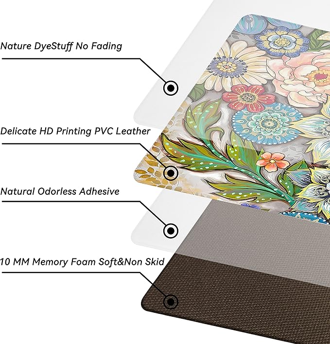Boho Floral Kitchen Runner Rugs Mats for Floor 2 Piece Memory Foam Padded Long Kitchen Mats Anti Fatigue Cushioned Comfort Standing Mat, 17.3x28+17.3x59 Inch