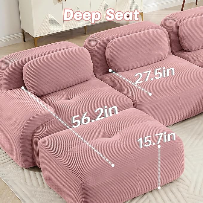 SoarFlash 81” Sectional Cloud Boneless Sofa Couches for Living Room-2 Seater L-Shaped Modern Lounge Couch-No Assembly Modular Corduroy Convertible Sponge Sleeper Sofas with Chaise for Home House,Pink