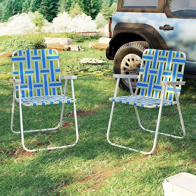 GYMAX Lawn Chair Folding, Webbed Beach Lounge Chairs Set with Highback, Outdoor Portable Lightweight Camping Dinning Chair for Patio, Lawn, Poolside, Sports, Garden, Backyard (2,Blue)