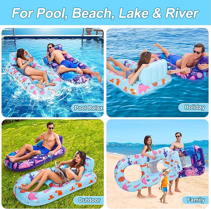 PuppyuWill 2 Pack Pool Floats Adult,Inflatable Pool Lounger Float Heavy Duty with Cup Holder, Backrest & Footrest Pool Lounge Float Extra Large Pool Rafts for Adults Beach Lake Party