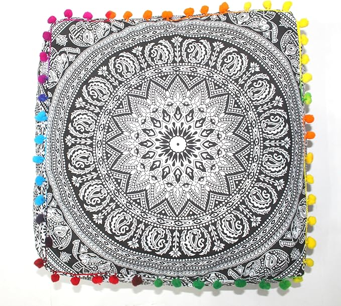 CRAFT KALA Black Elephant Flower Large Hippie Mandala Meditation Floor Ottoman Pillow Cushion Pouf Cover Square Poufs Bohemian Floor Cushion Case Outdoor Fireplace Living Room Decor Cover 24" Square