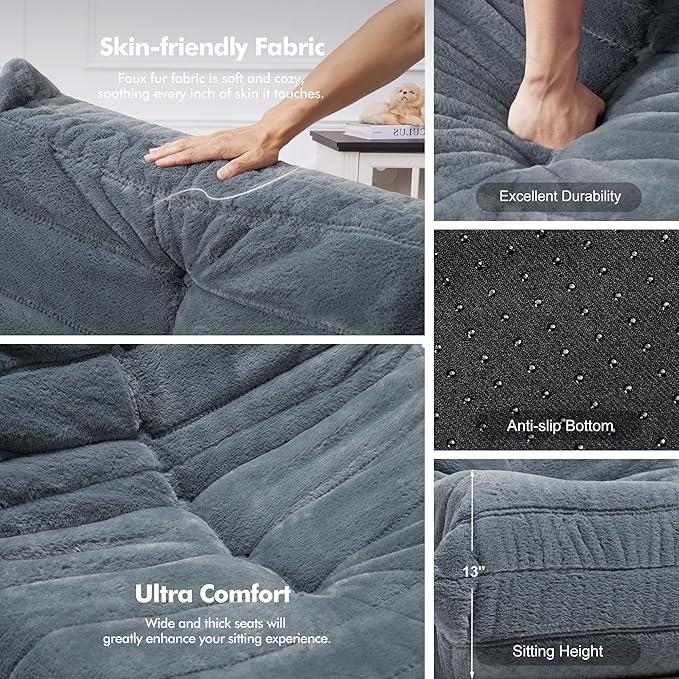 Bean Bag Loveseat Chair Big Sofa Beanbag Chair for Adults Fireside Chair Bean Bag Lounger with Memory Foam Filled for Home,Apartment or Gaming Venue（Grey Plush）