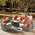 ovios 10 Piece Outdoor Patio Furniture Set with Fire Pit Table,Conversation Sectional Wicker Couch with Swivel Chairs,Modern Outside Sofa for Balcony Backyard, Orange