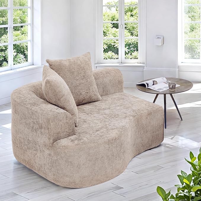 L Shaped Single Sofa, Modern Comfy Chenille Fabric Loveseat Couch, No Assembly Required Small Couch with Deep Seat, 2 Pillows for Living Room, Apartment, Bedroom