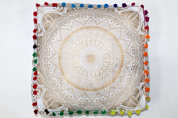 CRAFT KALA Gold Large Hippie Mandala Meditation Floor Ottoman Pillow Cushion Pouf Cover Square Poufs Bohemian Circle Floor Cushion Case Outdoor Fireplace Yoga Living Room Decor Cover 16" Square